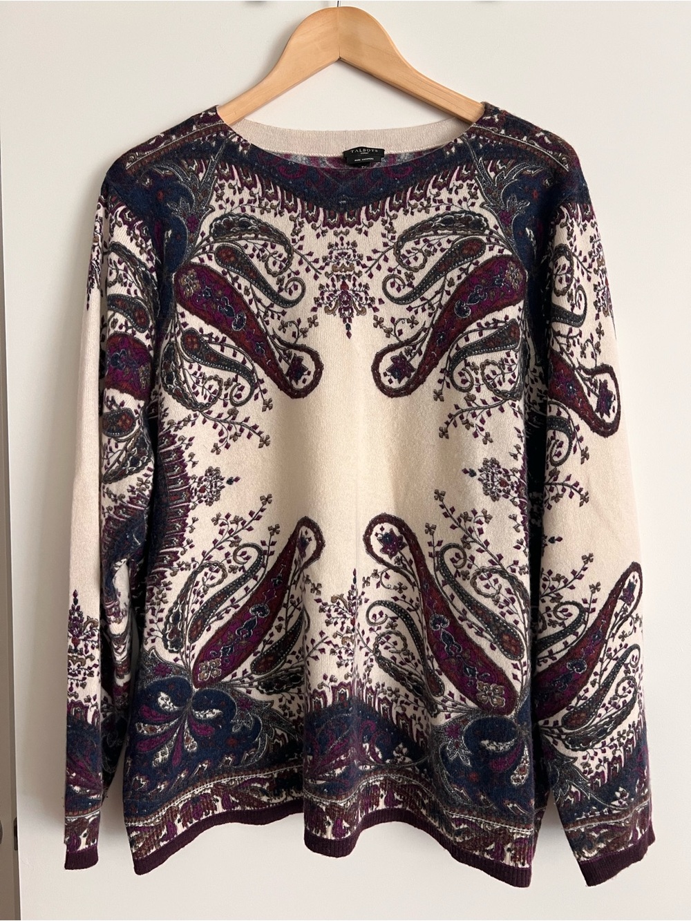 Talbots Cream Cashmere Sweater with Plum and Navy Paisley